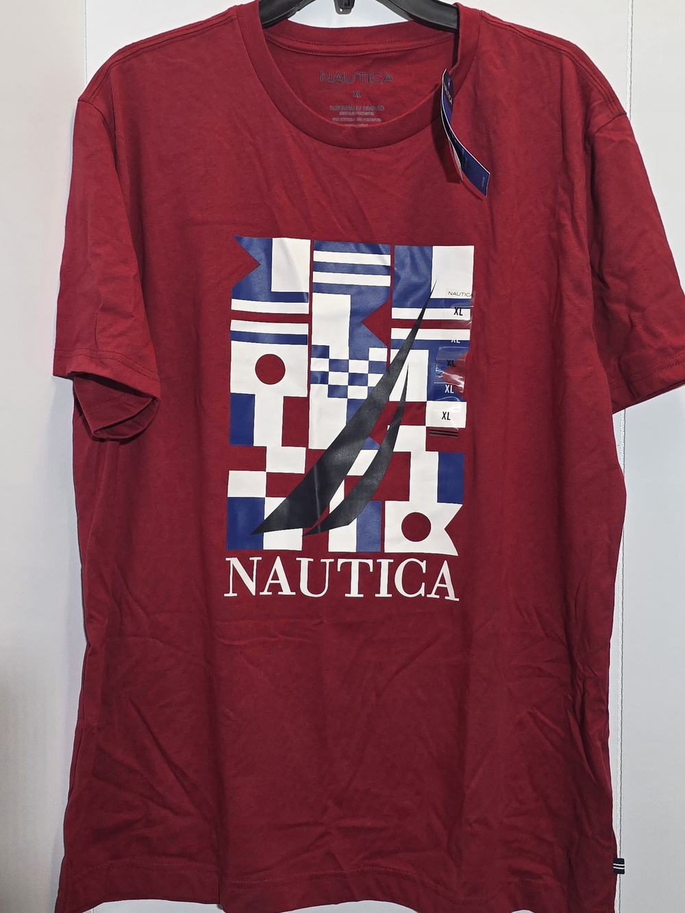 Nautica Red Short Sleeve Graphic Crew Neck Tee with Blue & White Print